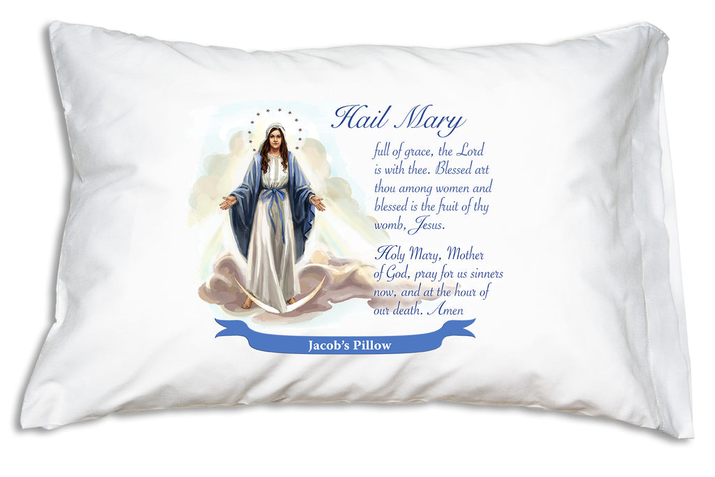 Personalized example of Prayer Pillowcases Our Lady of Grace accompanied with the Hail Mary on a pillow case.