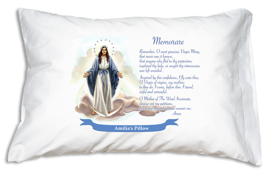 We'll add the name to a festive banner when you personalize the Our Lady of Grace: Memorare Prayer Pillowcase.