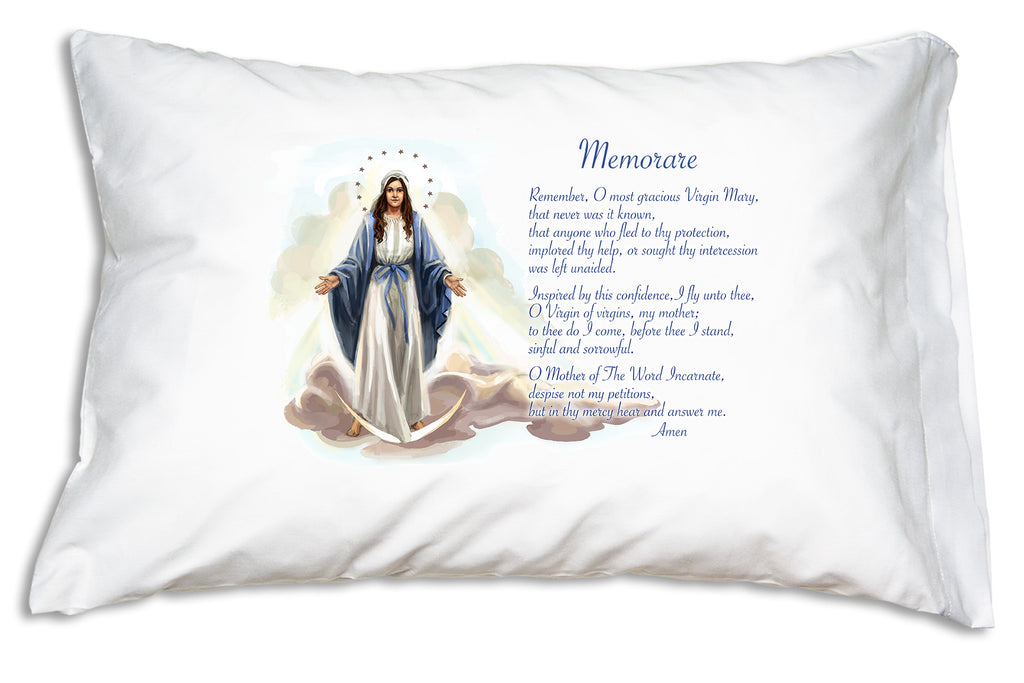 This Marian Prayer Pillowcase features our inviting original illustration of Mary as Our Lady of Grace alongside the Memorare prayer.
