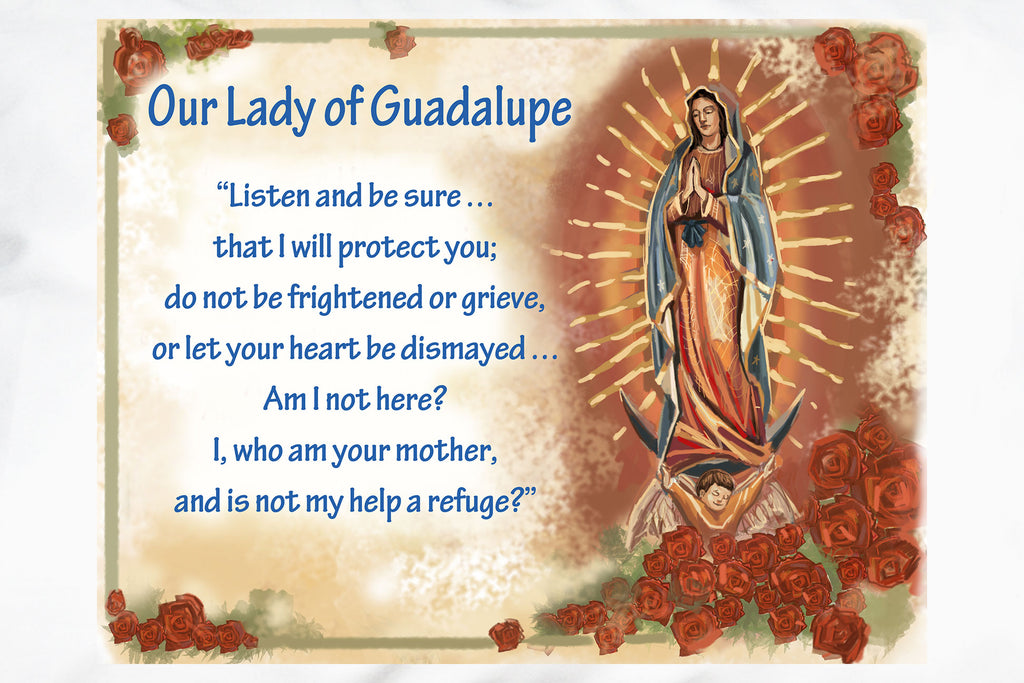 A shower of roses is the backdrop for this beautiful devotional Our Lady of Guadalupe Prayer Pillowcase.