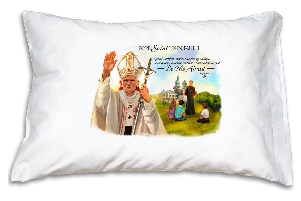 This Pope Saint John Paul II Prayer Pillowcase features a serene portrait and encouraging words from the "Pope of the Family." 