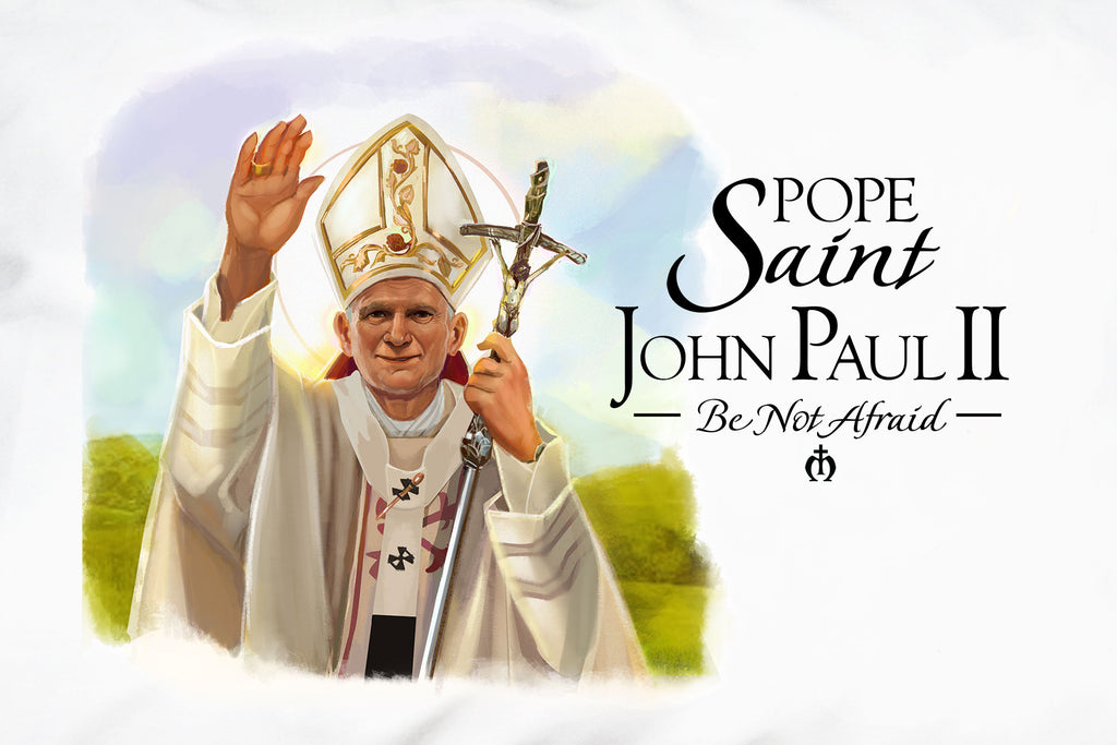 Here's closeup of the awesome original illustration on the Pope Saint John Paul II Prayer Pillowcase. 