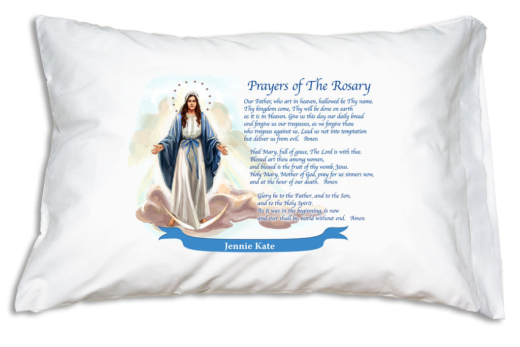 Here's how we'll add the name to a festive banner when you personalize the Our Lady of Grace: Rosary Prayers Prayer Pillowcase. 