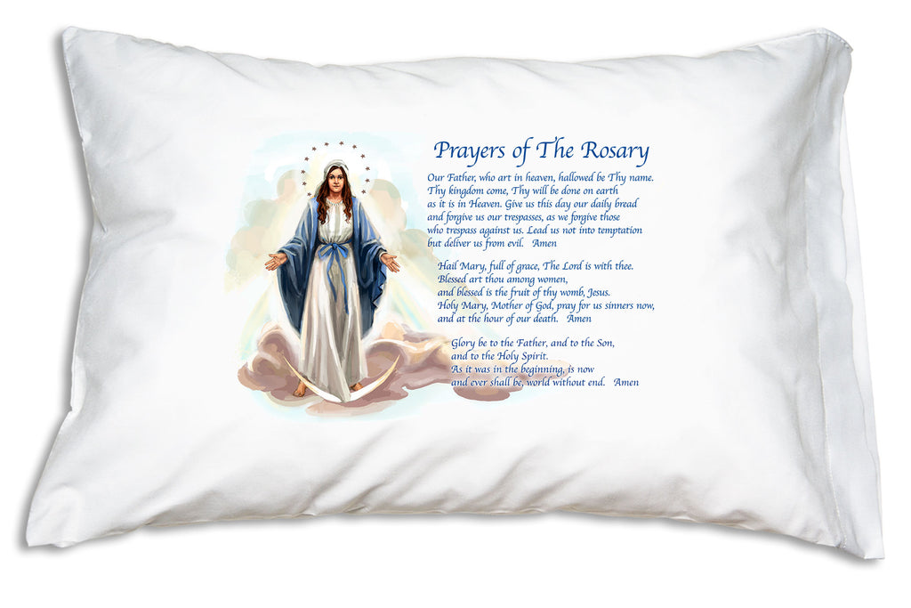 The Our Father, the Hail Mary, and the Glory Be are essential Catholic prayers featured on the Our Lady of Grace: Rosary Prayers Prayer Pillowcase.