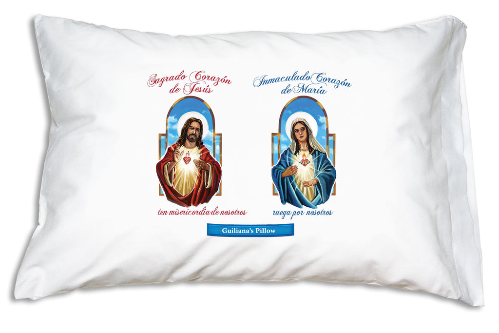 You can personalize Prayer Pillowcases Sagrado Corazón (Sacred Heart) and Inmaculado Corazón (Immaculate Heart) pillow case like this