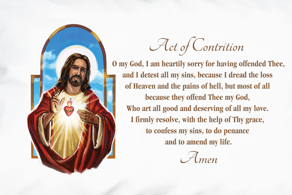 Check out the radiant illustration of the Sacred Heart featured on this Act of Contrition Prayer Pillowcase design.