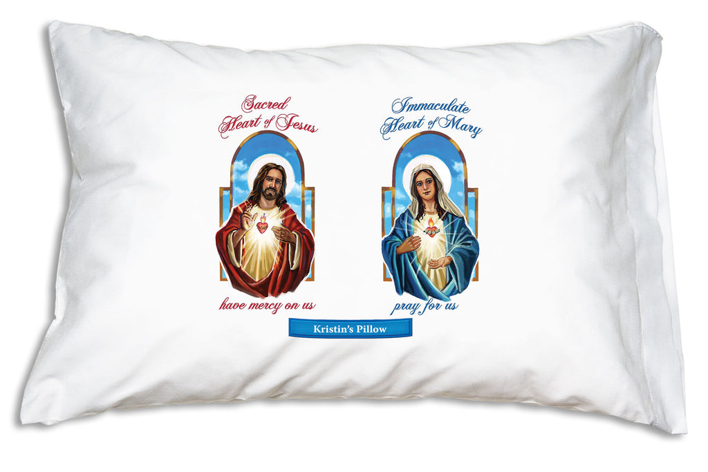 When you personalize the Sacred and Immaculate Hearts Prayer Pillowcase we add the name to a banner like this.