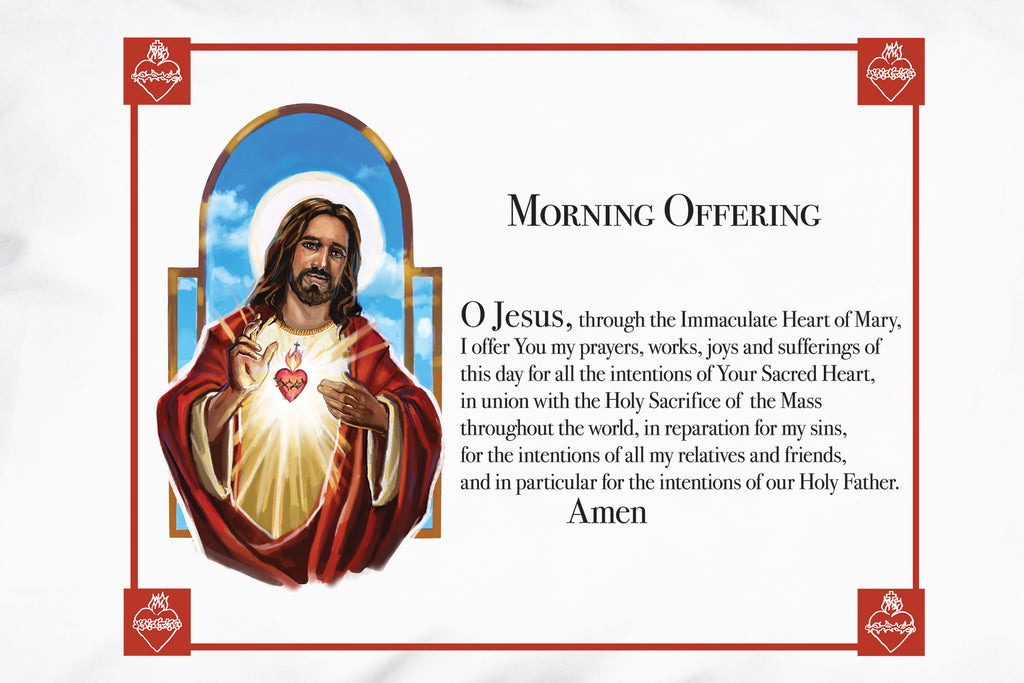 A closeup of the Sacred Heart Prayer Pillowcase with the Morning Offering prayer.