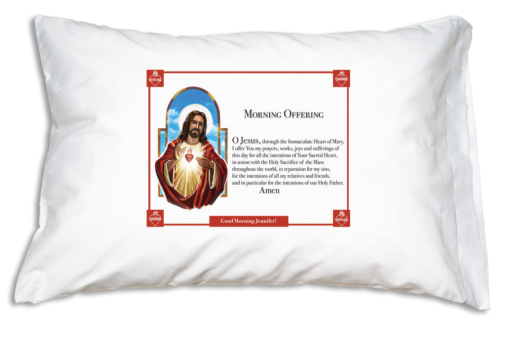 When you personalize the Sacred Heart: Morning Offering Prayer Pillowcase we add the name in a banner like this.