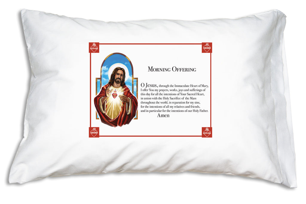 The inspirational Sacred Heart: Morning Offering Prayer Pillowcase helps Catholics of all ages begin their day for and with God.