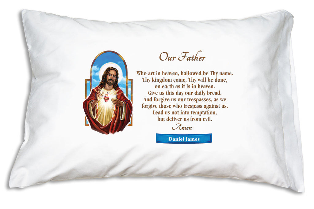 You can personalize the Sacred Heart Prayer Pillowcase like this.