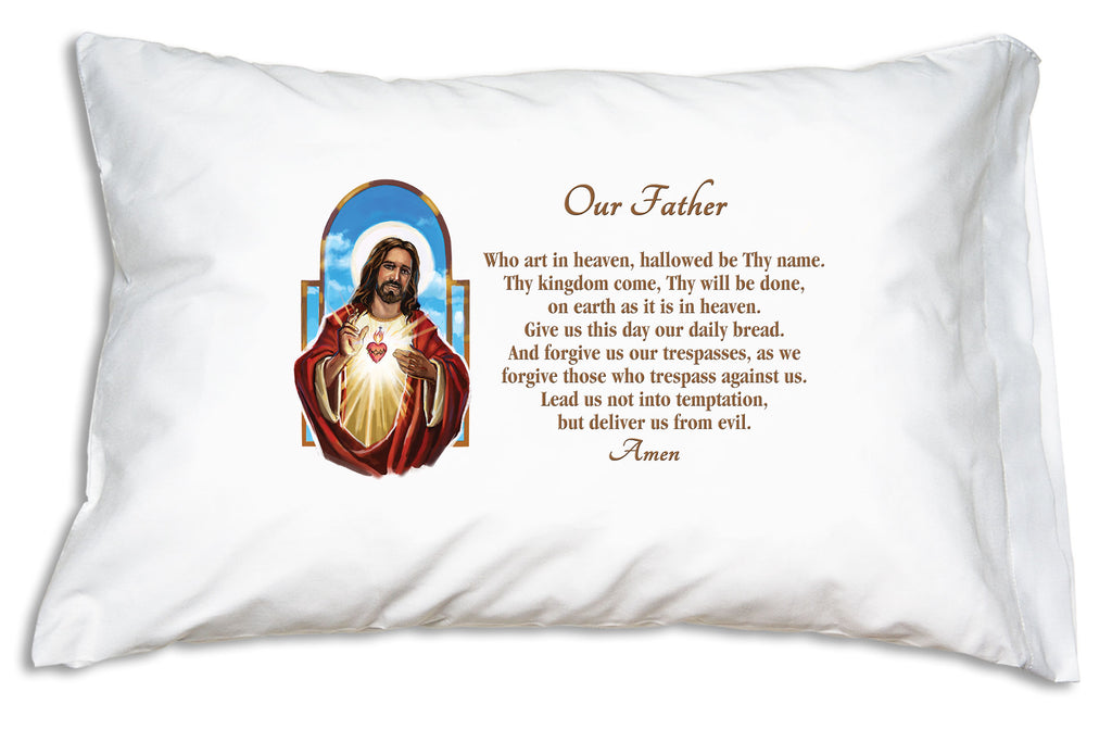 This pillow case features a beautiful illustration of the Sacred Heart with the Lord's Prayer.