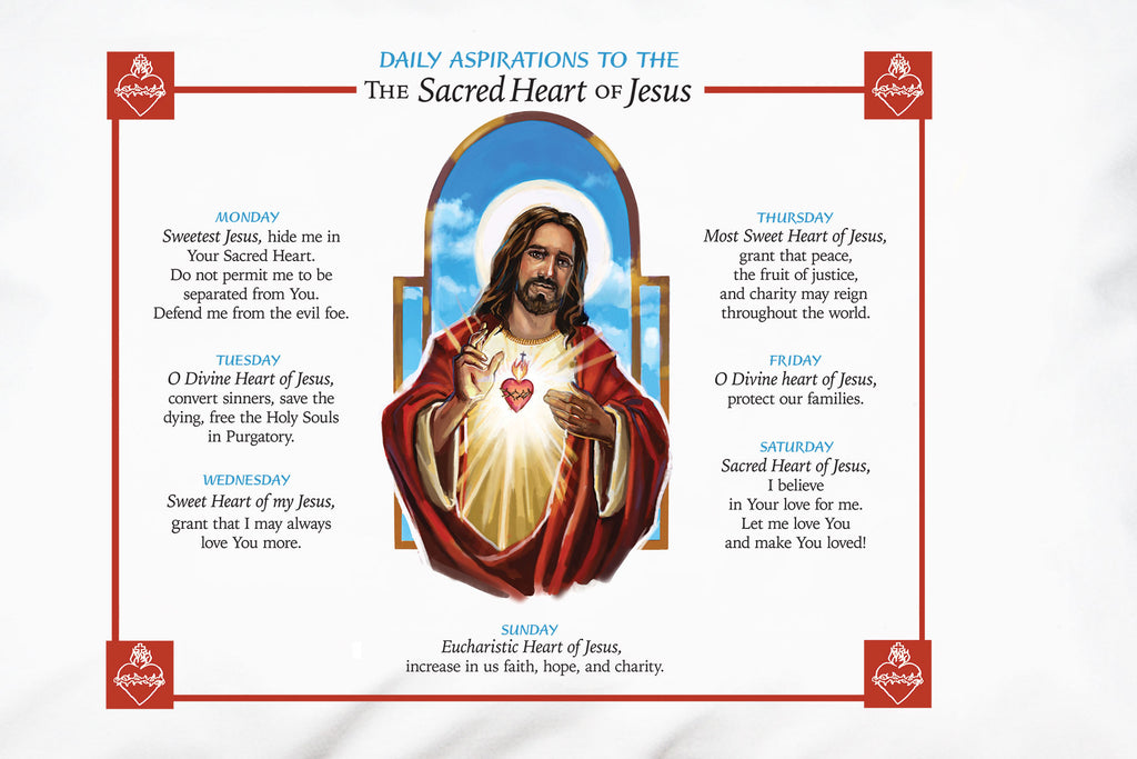 Daily Aspirations Prayer Pillowcase shares prayers to the Sacred Heart of Jesus to make it easy for children to learn them too. 