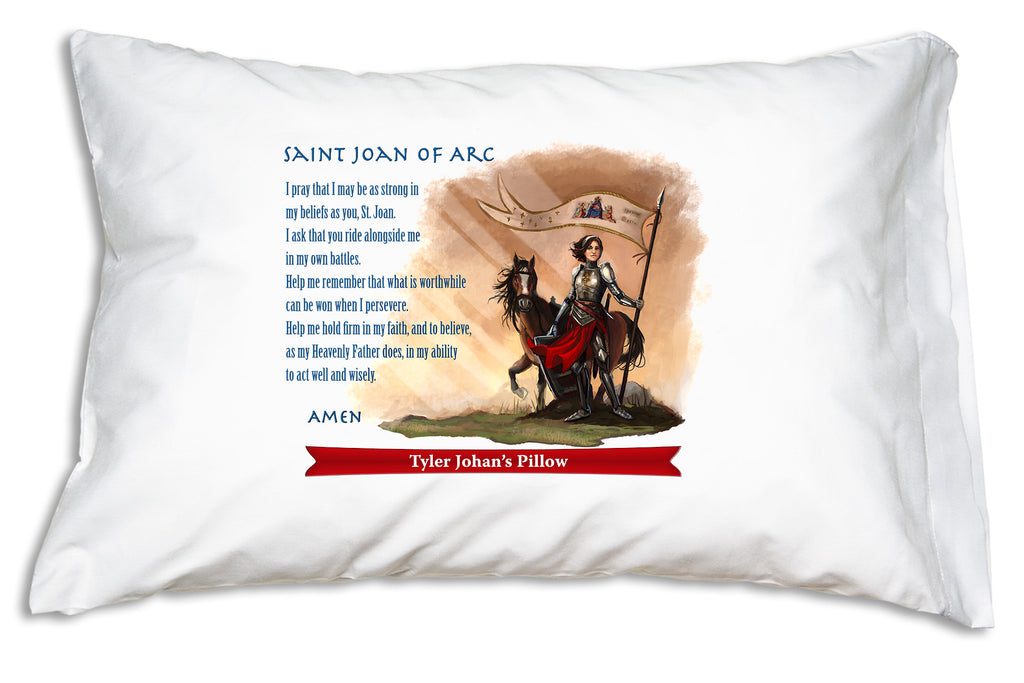 Here's a closeup showing the holy art and prayer on our Joan of Arc Catholic Saint Prayer Pillowcase and how it can be personalized with your loved one's name for an extra special Catholic birthday, First Communion or Confirmation gift. 