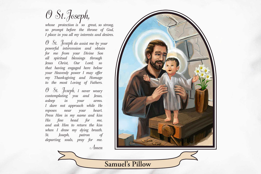 A closeup shows the beloved ancient prayer to St. Joseph on a personalized pillowcase.