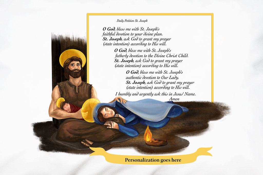 Here's a closeup to show you can personalize the St. Joseph Daily Prayer of Petition Pillowcase.