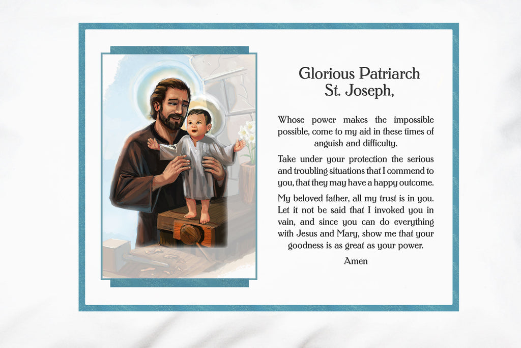The warmly illustrated portrait of the Child Jesus receiving Joseph's tender support on the St. Joseph Glorious Patriarch Pillowcase reminds us that the Patron of Fathers wishes to assist us too and gives us the words to ask him.
