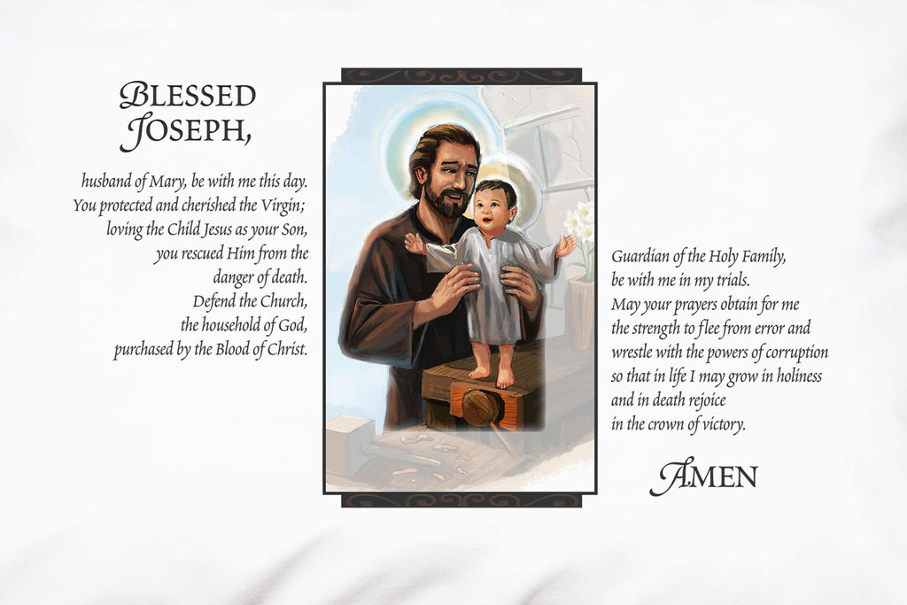 This closeup shows Prayer Pillowcases original tender portrait of St. Joseph with Pope Leo XIII's loving prayer on a Prayer Pillowcase.