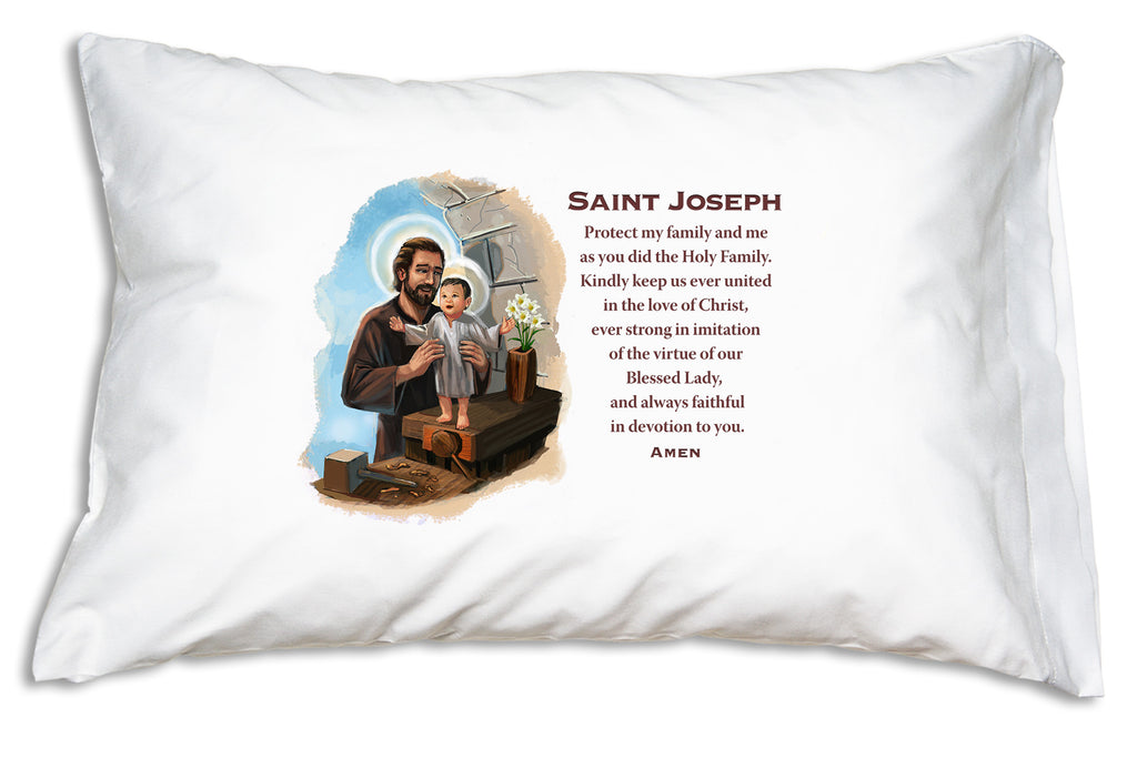 The warmly illustrated Saint Joseph Prayer Pillowcase reminds Catholics of all ages to pray for the intercession of Jesus' brave, faithful, loving earthly father.