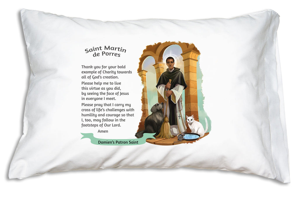 We add the name to a festive banner like this when you personalize a St. Martin de Porres Prayer Pillowcase.