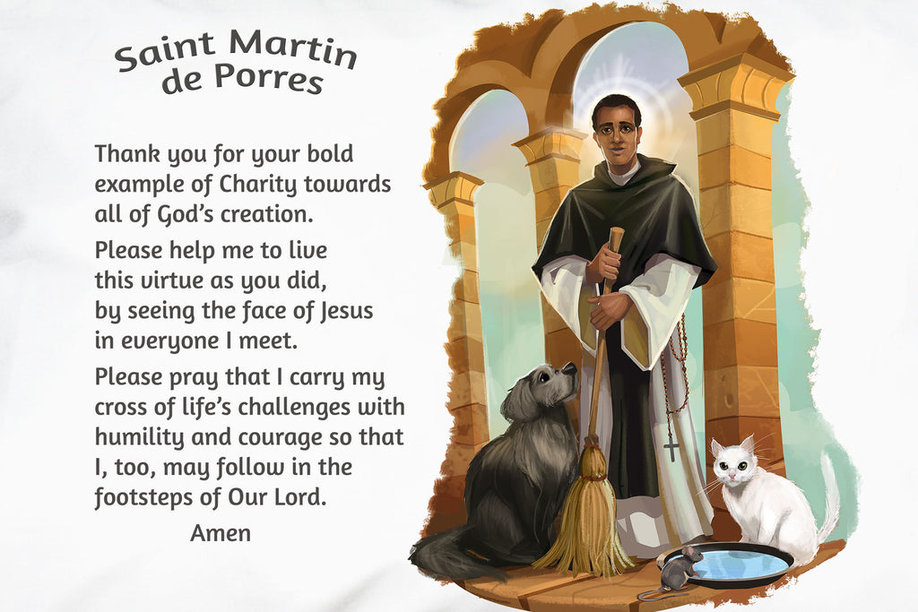 Here's a closeup of the fun and friendly portrait and prayer on our St. Martin de Porres Prayer Pillowcase.