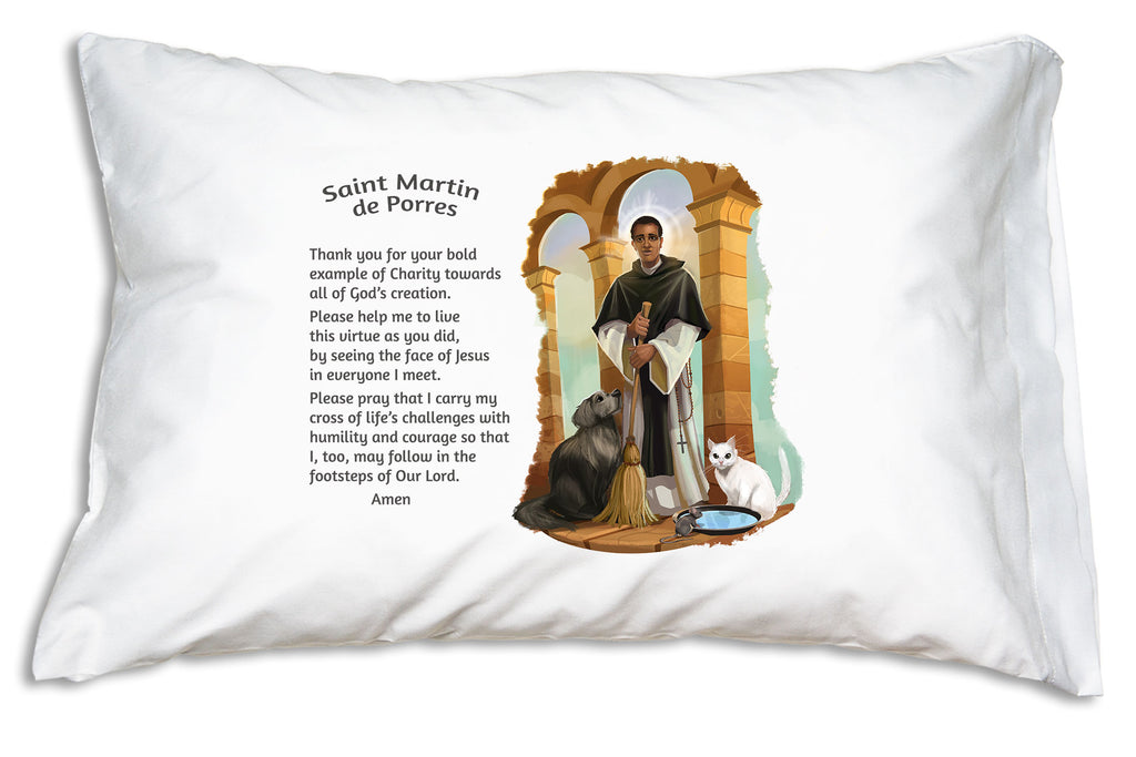 Our fun and friendly portrait of St. Martin de Porres is combined with a sweet prayer on this Prayer Pillowcase.
