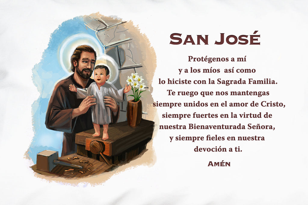 A closeup of the pretty picture and prayer on the San José Prayer Pillowcase
