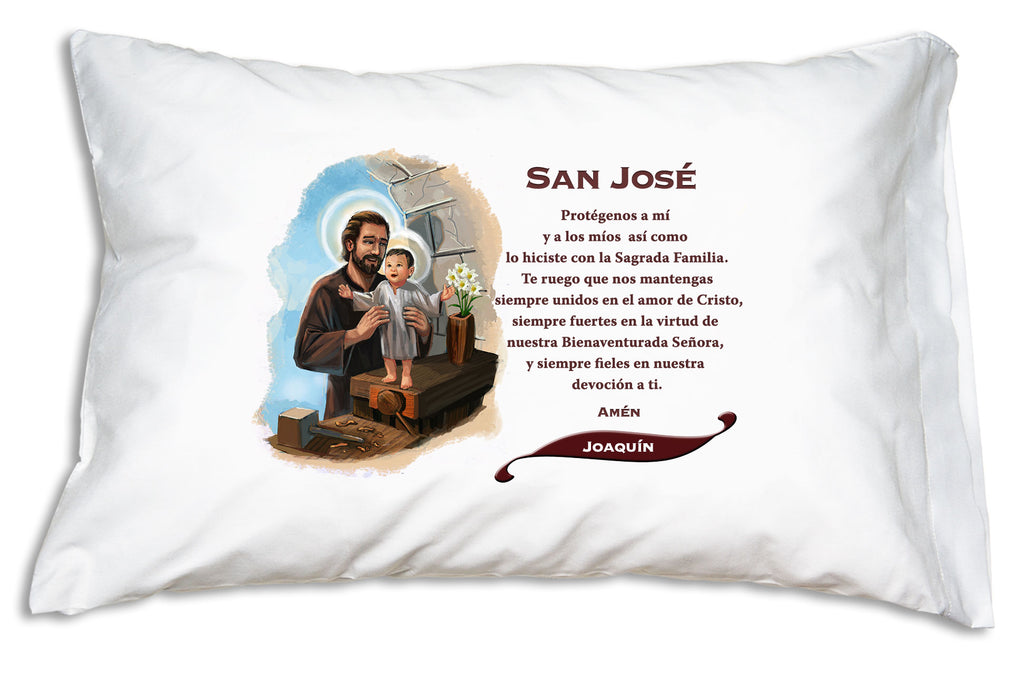 We'll add the name to a festive banner like this when you personalize San José Prayer Pillowcase