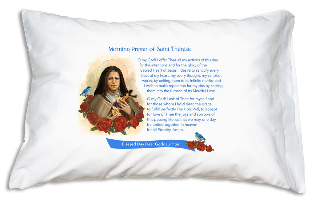 We add the name to a festive banner when you personalize this St. Therese: Morning Offering Prayer Pillowcase.