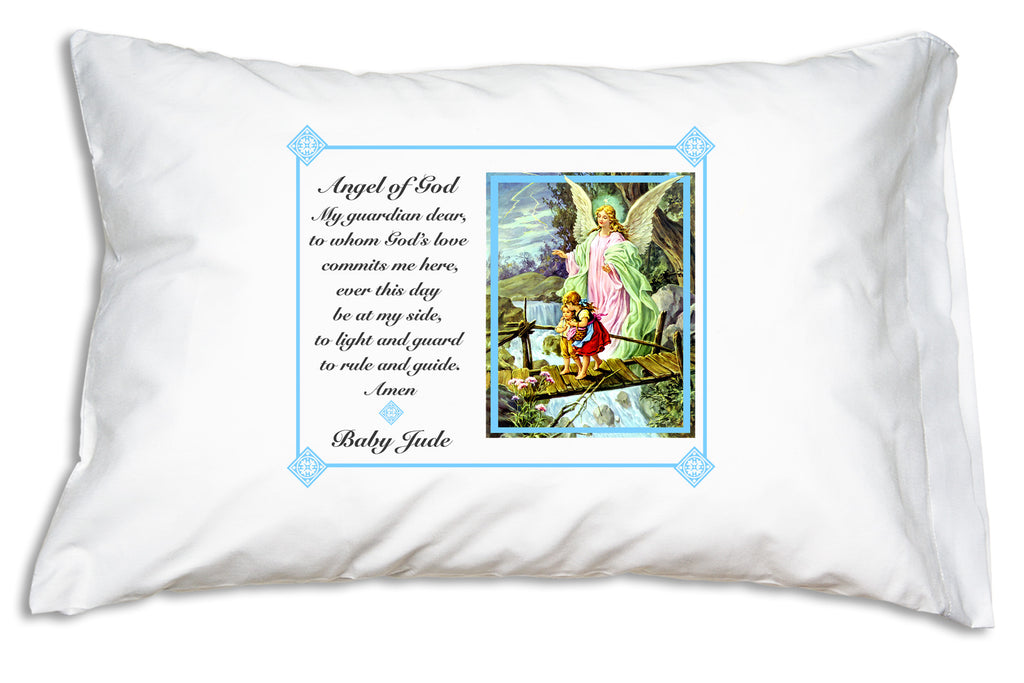Personalize Prayer PIlllowcases Traditional Guardian Angel design for a dear Baptism gift.