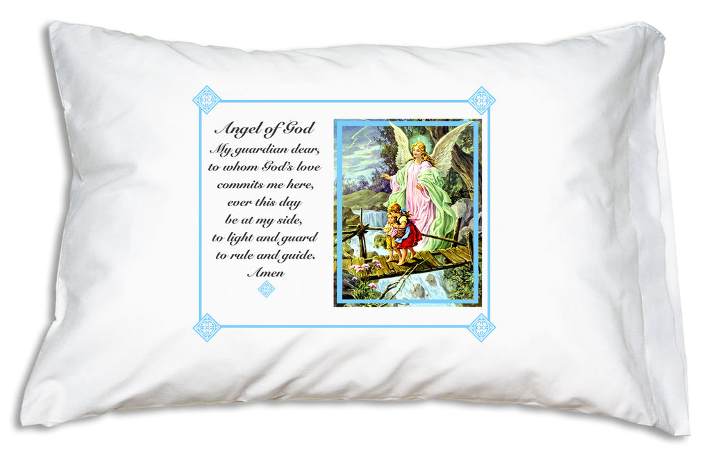 The welcoming Traditional Guardian Angel Prayer Pillowcase/Blue teaches little ones to pray to their guardian angel.