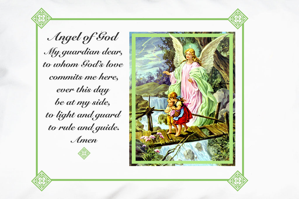 Here's a closeup of the beautifully iconic Traditional Guardian Angel Prayer Pillowcase/Green.