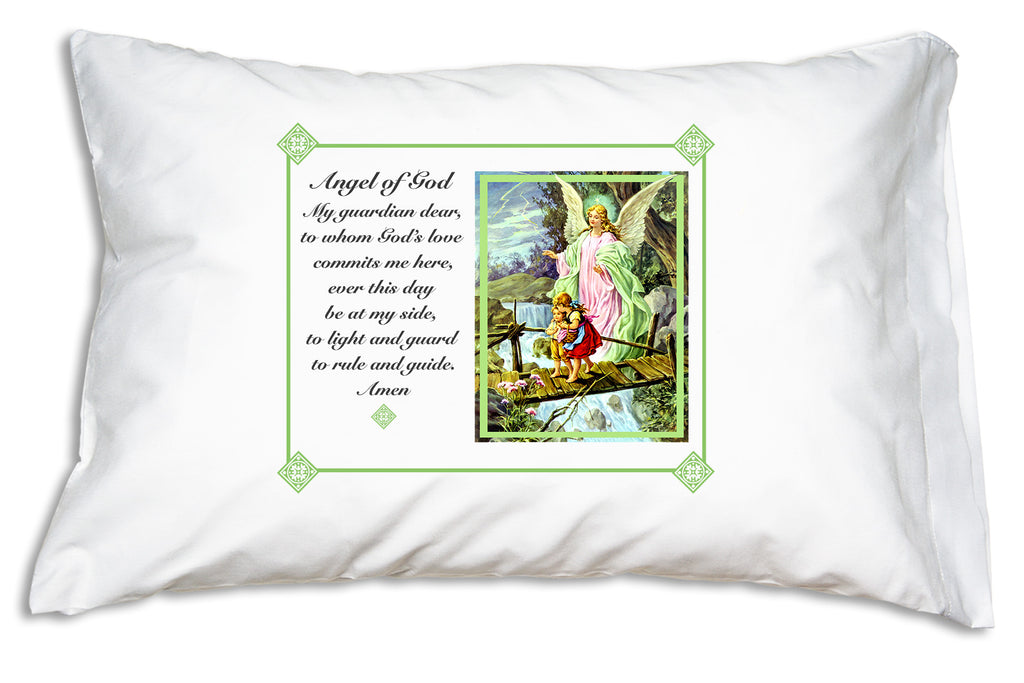 Traditional Guardian Angel Prayer Pillowcase with green frame welcomes children to bedtime, teaches them the Angel of God prayer, and makes a blessed baptism gift.