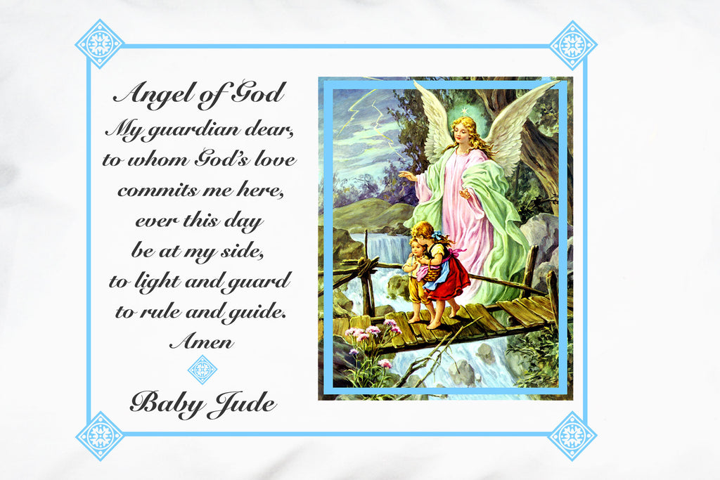 Here's a closeup of what our sweet Traditional Guardian Angel Prayer Pillowcase with blue frame looks like when you personalize it.