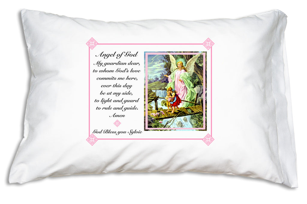 Personalize a Traditional Guardian Angel Prayer Pillowcase with pink frame for a sweet Baptismal gift.